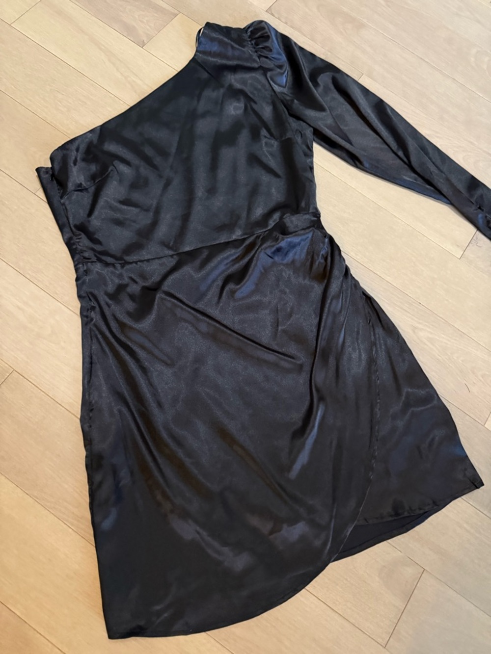 Lena One-Shoulder Black Satin Mini Dress